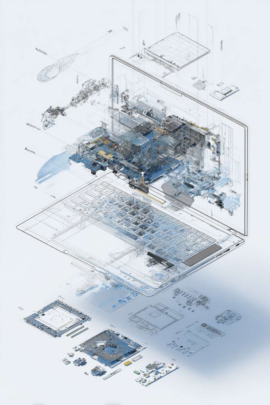 Ultra-detailed technical cutaway blueprint illustration of a high-performance laptop, dynamic wide-angle low-shot perspective. Main subject: a disassembled flagship ultrabook (ThinkPad X1 Carbon or MacBook Pro style), rendered in a realistic hand-drawn watercolor and technical ink style, isolated on a clean white background. The composition is an architectural exploded-view, with every component meticulously separated and floating in place, connected by precise thin leader lines. --ar 2:3 --v 7 --stylize 100 --fast