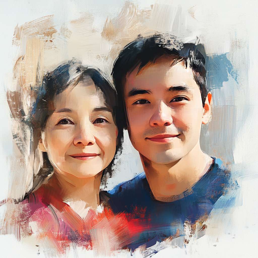 生成一张母亲和儿子的图片，母亲年纪在50岁左右，儿子年纪在30岁左右 --ar 1:1 --v 6.1 --stylize 100 --fast