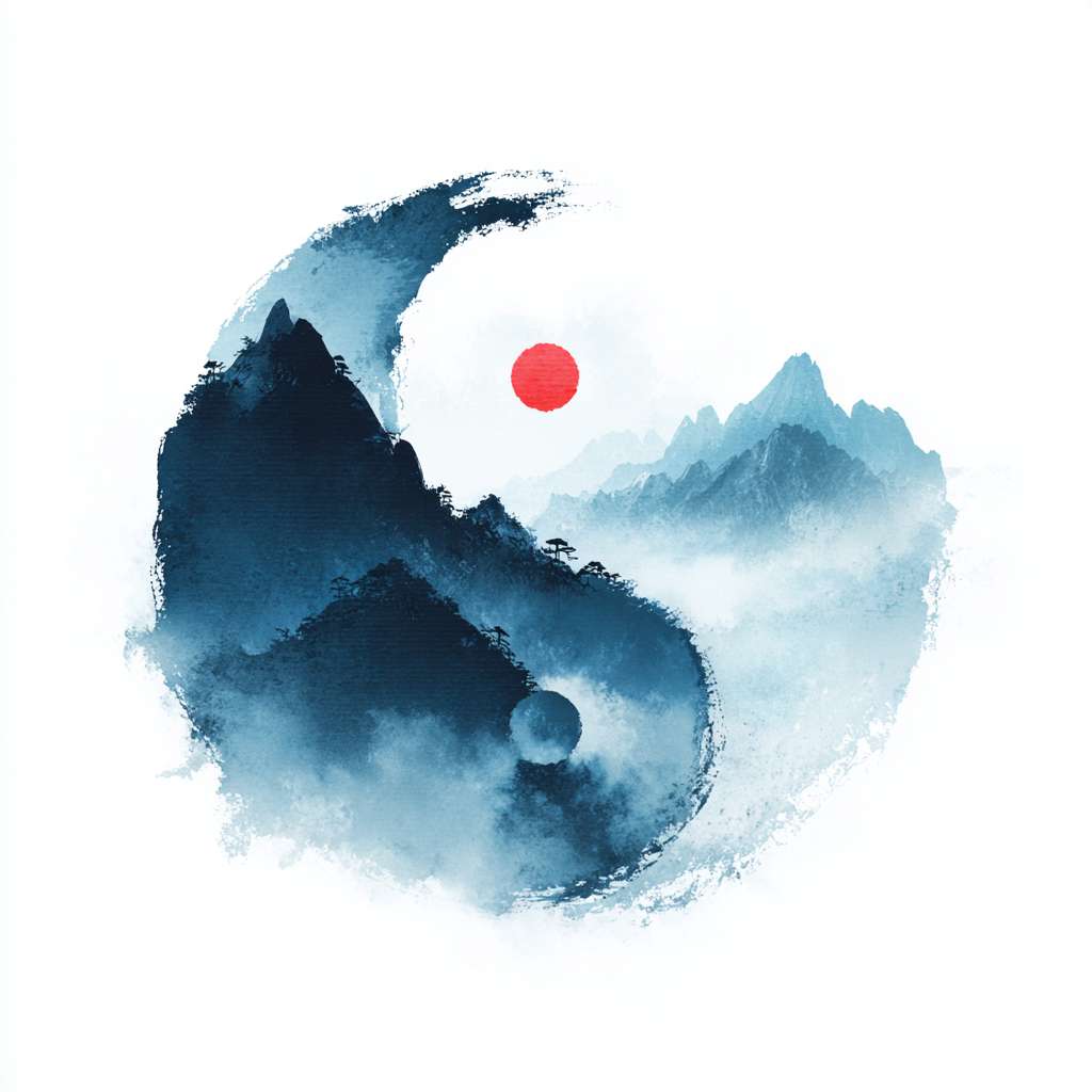 机翻 · 通用领域
The circular logo adopts the traditional Chinese ink Tai Chi symbol (not a circle), with alternating shades of blue, black, and white. It is surrounded by a hazy silhouette of a blue mountain range, with a red dot in the center and a pure white background. It has a Zen style, simple design, no text, no watermark, high resolution, vector graphics, and white space at the edges of the image. Pay attention to the artistic conception of the image, and have a combination of movement and stillness --ar 1:1 --v 7 --stylize 100 --fast --no 水印