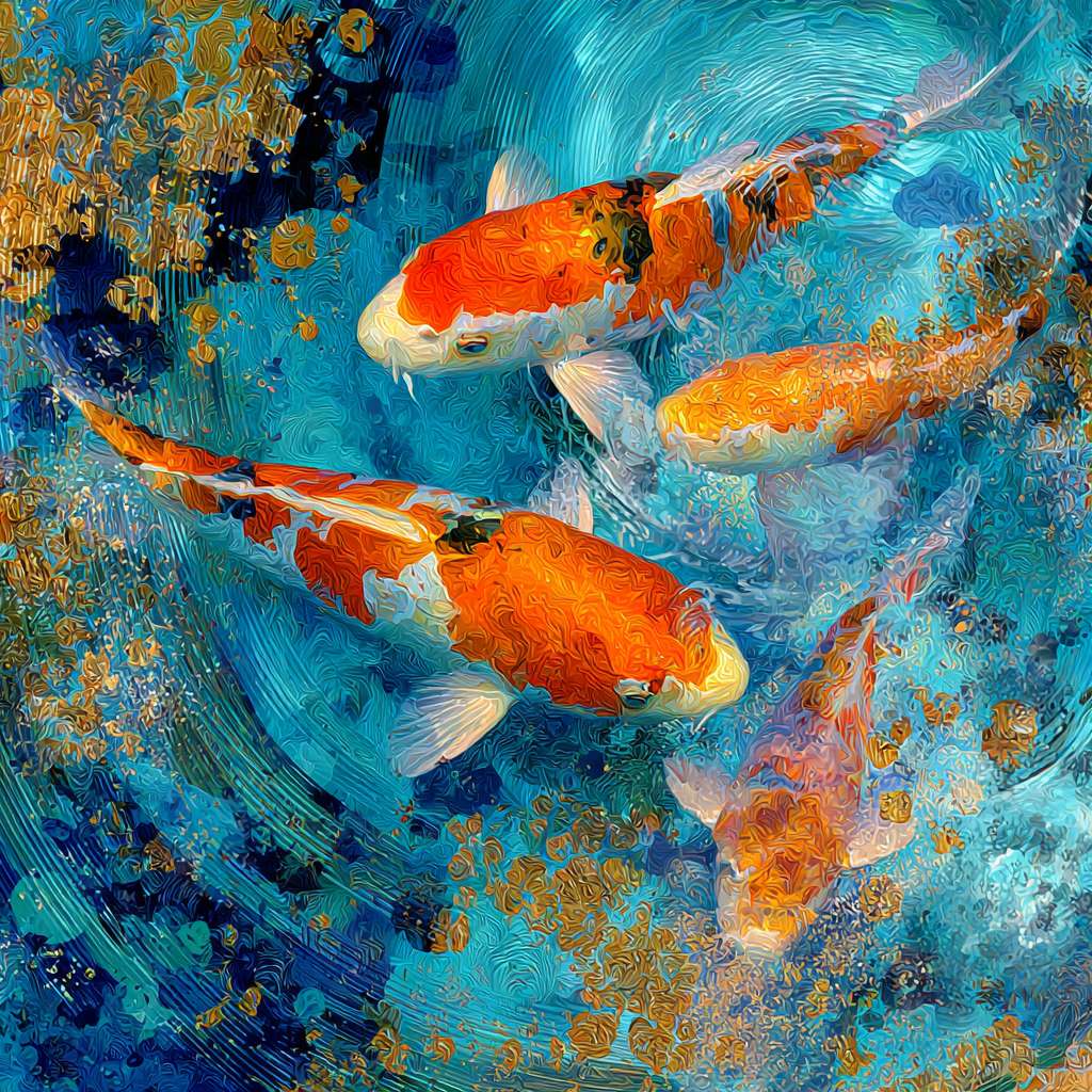 Vibrant underwater scene: blue water, 五彩光影，and dynamic koi, 粗笔触 for texture, 细笔触 for agility, abstract. --ar 1:1 --v 7 --stylize 100 --fast --no 水印