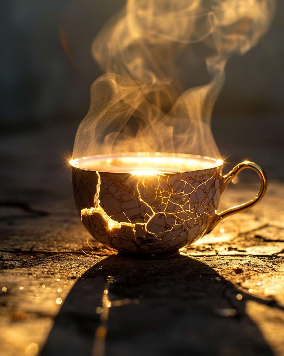 A cracked teacup perfectly holding steaming tea, golden light radiating from cracks, no text, wabi-sabi aesthetic --ar 4:5 --v 6 --stylize 100 --fast