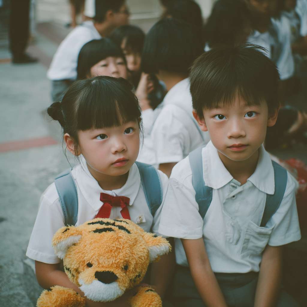 兩位小六穿校服的學生們在校園裡拿著一個以老虎及熊貓為主題的紙手工 --ar 1:1 --v 7 --stylize 100 --fast --no 水印