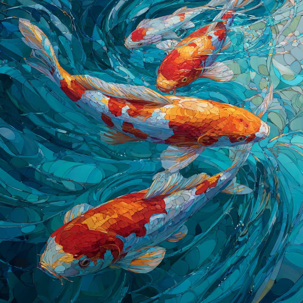 Dreamlike blue water with fractured light in rainbow hues, koi gliding through dynamic waves, expressive brushwork capturing fluid grace, abstract. --ar 1:1 --v 7 --stylize 100 --fast