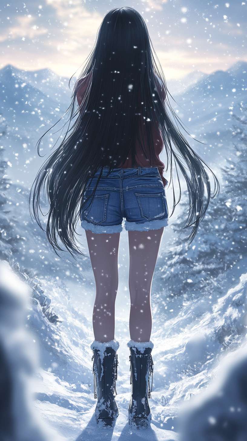 1个女孩，长发，黑发，牛仔短裤，长腿，长靴，冬天，雪，雪地，雪山，光线 --ar 9:16 --v 6.1 --stylize 100 --fast --no 水印,水印,水印,水印