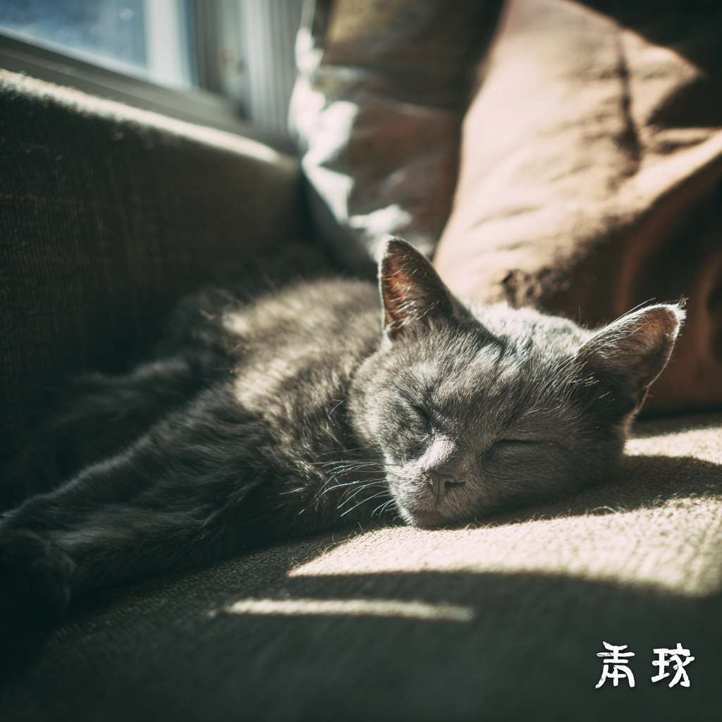 (《困》)：灵魂已进入待机状态
一只可爱的银渐层小猫，蜷缩在柔软的沙发上睡觉，阳光透过窗户照在身上，非常温暖舒适，照片级真实感，4k，超详细，电影光效，治愈感 --ar 1:1 --v 7 --stylize 100 --fast --no 水印