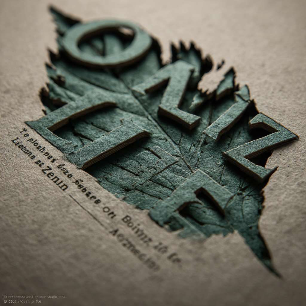 "FOLIZEN" in bold grotesque, negative space cutout of leaf silhouette within "O", "Breathe in the Leaf, Live in the Zen" laser-engraved texture in 6pt capitals around letter strokes, monochrome sage (#6B8E7E) --ar 1:1 --v 7 --stylize 100 --fast