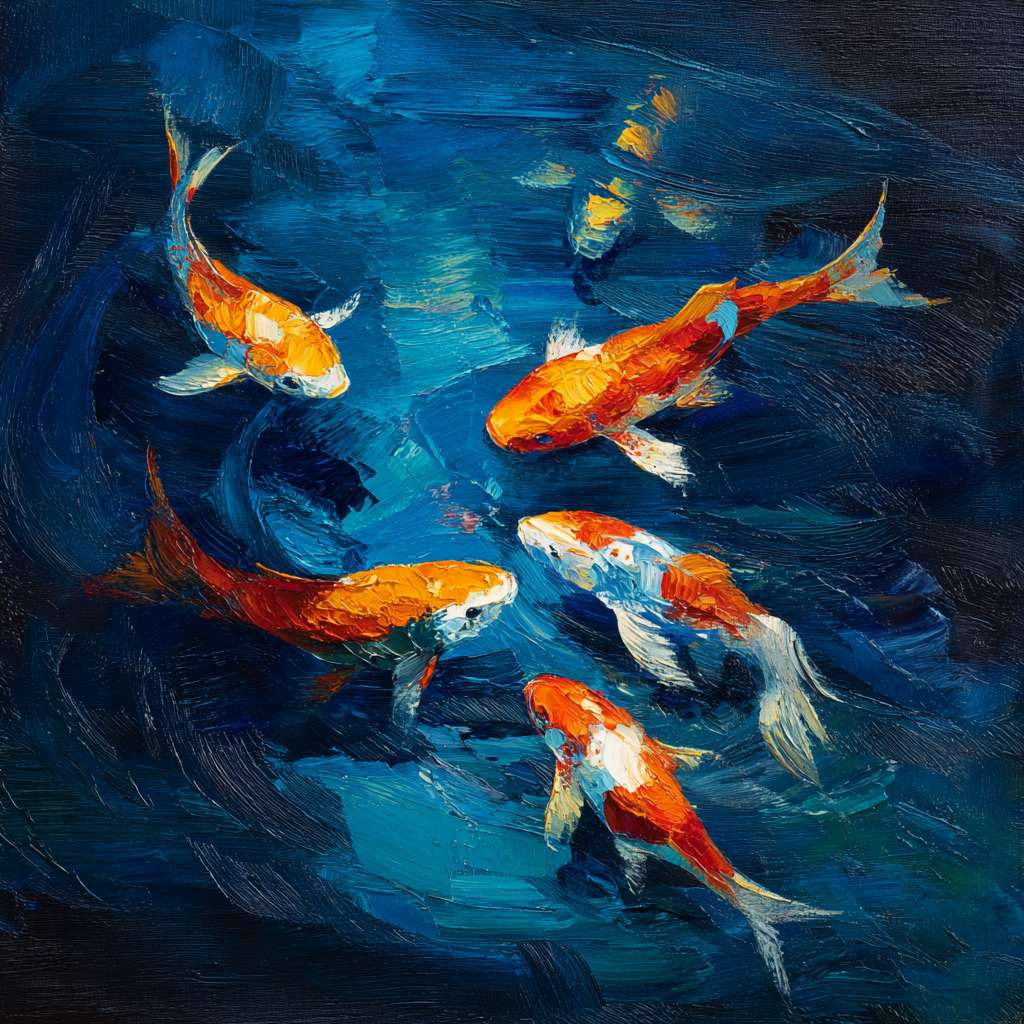 Dynamic underwater scene: deep blue water as base, 五彩光影 dancing around agile koi, thick brushwork for water texture, thin strokes for fish movement, oil. --ar 1:1 --v 7 --stylize 100 --fast --no 水印