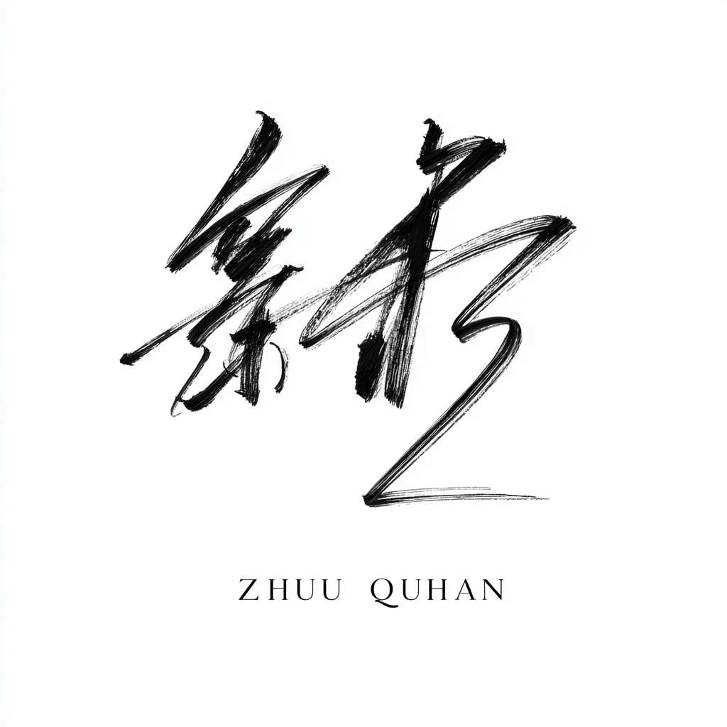 minimalist professional signature for "Zhu Qihan". Clean, flowing black ink strokes, connected cursive script. The signature slopes slightly to the right, exuding a sense of efficiency and confidence. White background, studio lighting, photorealistic style. --ar 1:1 --v 7 --stylize 100 --fast