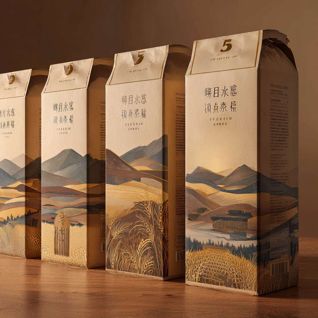 *“A premium 5kg wheat flour packaging, matte kraft paper box with gold foil stamping, transparent window showing white flour, hand-painted illustration of Inner Mongolia Hetao Plain wheat field with golden sunset and mountains, minimalist Chinese typography, earthy tone with luxury vibe, hyper-realistic product shot, studio lighting.”* --ar 1:1 --v 7 --stylize 100 --fast