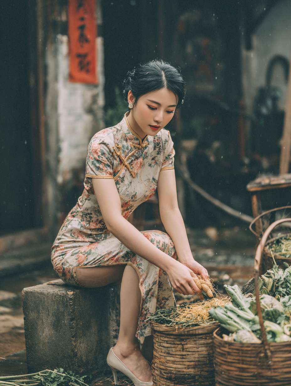 一位身着轻薄连衣高叉裙并有细微大花纹、肉色轻薄丝袜和白色高跟鞋的 35 岁 女性坐在水泥墩子，手里剥花生 ，地上是刚摘来的竹篮子和蔬菜，皖南农家小院场景，朴素生活风格，中景镜头，柔和色调、时尚生活氛围，构图合理，真人全身照，高清分辨率，场面全景远景，能看到人物和院子里面全景 --ar 3:4 --v 7 --stylize 100 --fast --no 水印