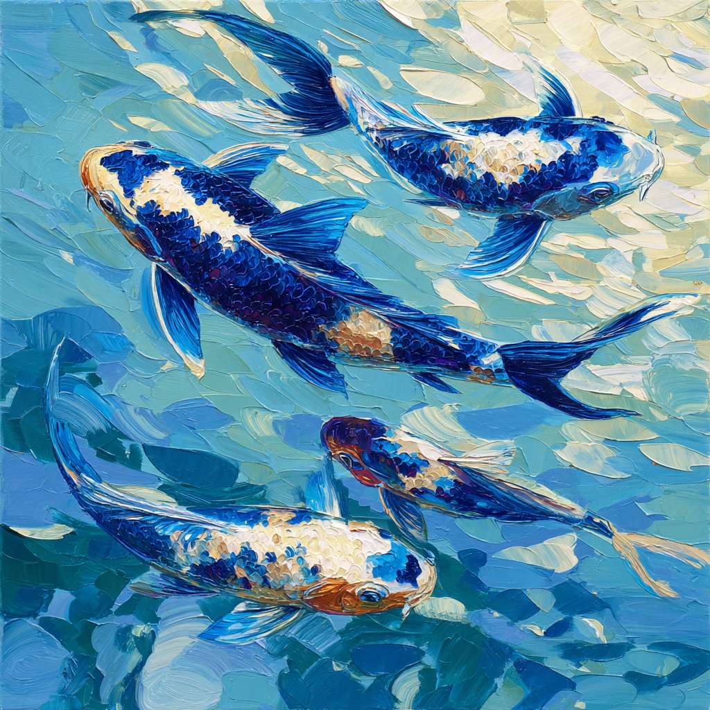 Surreal blue aquarium with shimmering koi and dynamic light, bold strokes for ripples, delicate strokes for scales, abstract. --ar 1:1 --v 7 --stylize 100 --fast