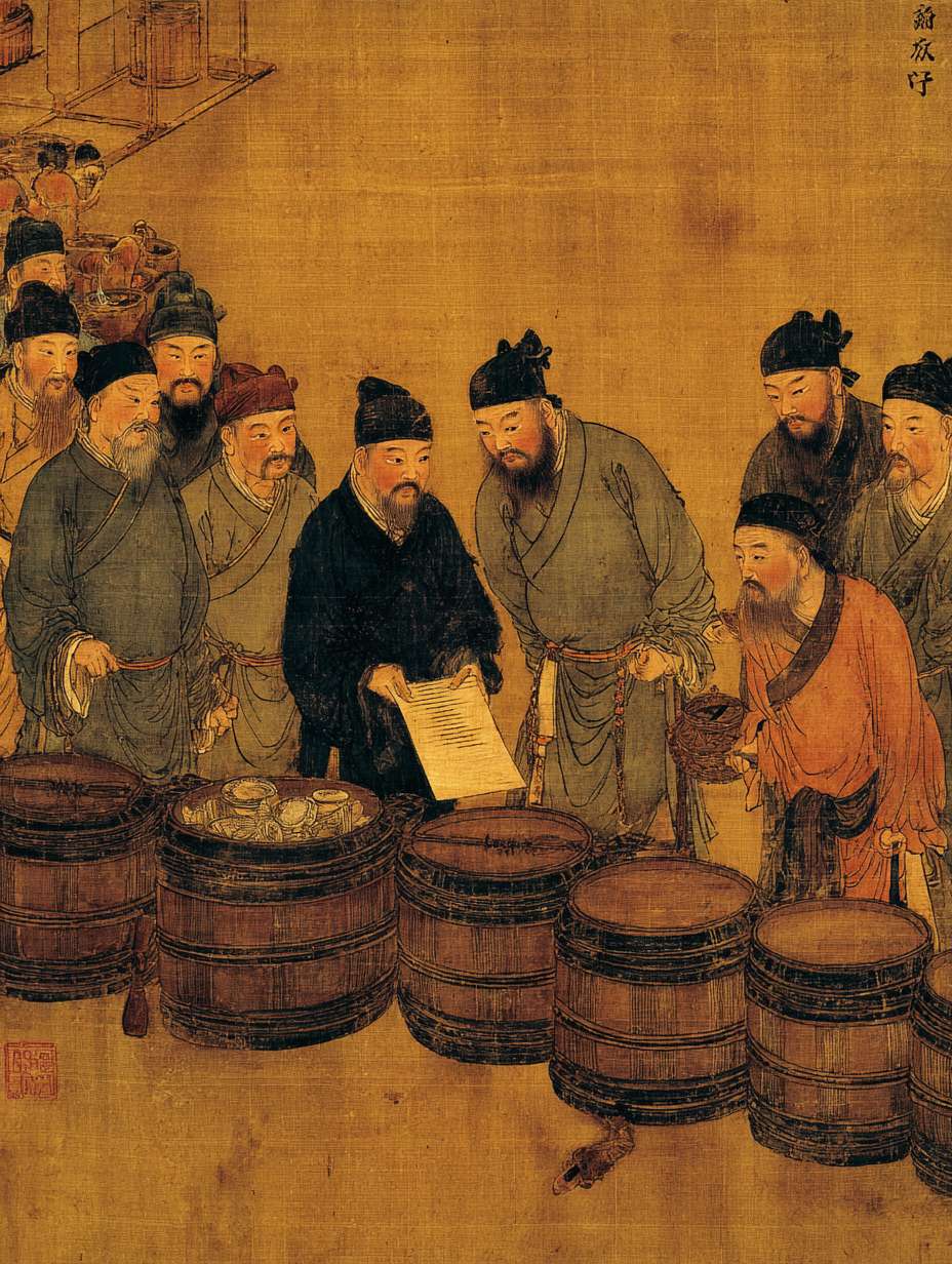 宋代官员向垄断商户征收重税场景，多家相同类型的店铺排列，官员手持法令文书，商户表情无奈，市集背景，暗黄色调，中国古风 --ar 3:4 --v 7 --stylize 100 --fast --no 水印