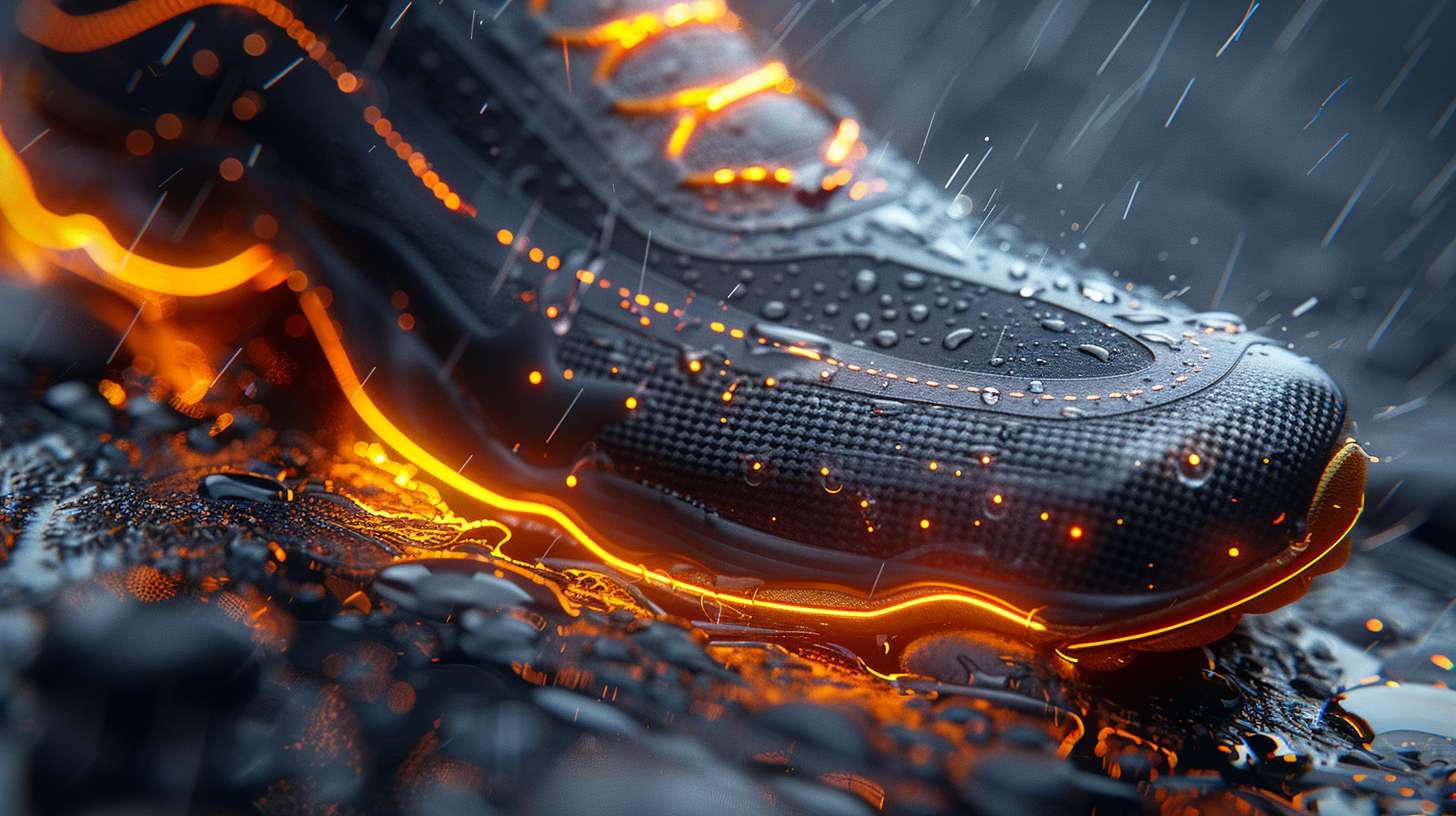 ultra-realistic sneaker live stream background, matte carbon fiber texture in abyss black (#0D0D11), geometric shards of brushed antique gold (#C5A467), **slightly brighter graphite gray platform (#2A2A30) at center**, neon orange (#FF5E00) underlighting beneath shoe silhouette, cinematic rim light (#E4C586) outlining sneaker, dynamic motion blur lines converging to center, abstract champion trophy wireframe in dark gold (#8C784A), no human figures, luxury sport aesthetic, studio lighting with spotlight on product, 8k detail --ar 16:9 --v 6.0 --style raw --stylize 800 --fast