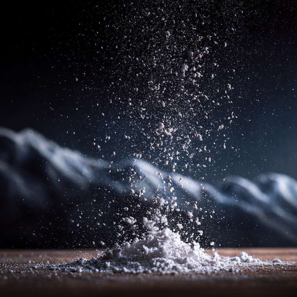 Realistic macro photography,high-speed shutter capture,delicate white powder particles slowly falling from a height,forming continuous mountain ranges on the table., --ar 1:1 --v 7 --stylize 100 --fast
