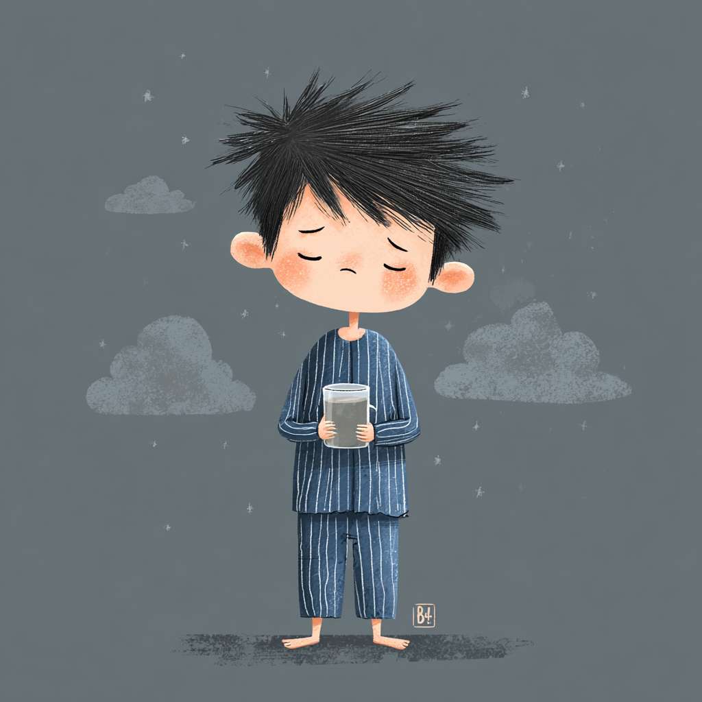 治愈系Q版插画，大头小身体的男生，炸毛的黑色短发，穿着宽松的蓝色条纹睡衣，睡眼惺忪地拿着玻璃杯喝水，灰色渐变背景，有白色小云朵，扁平可爱风 --ar 1:1 --v 7 --stylize 100 --fast --no 水印