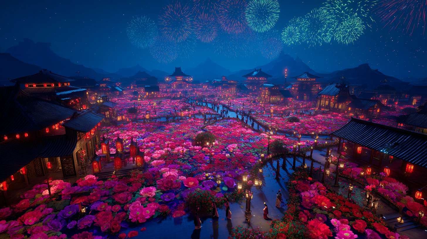 Unreal Engine 5 rendering, in this awe-inspiring scene of the ancient Luoyang Flower Festival, the composition centers on a vast sea of blooming peonies, surrounded by ancient-style pavilions, buildings, and winding corridors adorned with countless red lanterns, while the night sky is continuously lit up by colorful fireworks, the foreground features a celebrating crowd dressed in elegant Hanfu singing and dancing, the middle ground includes traditional Chinese architecture such as eaves-cornered pavilions, and the background blends deep blue starry skies with brilliant fireworks, in terms of color, vibrant reds, golds, and greens dominate, symbolizing luck and wealth, with the pink and white of the flowers sharply contrasting with the warm yellow of the lanterns, and the multicolored lights of the fireworks adding dynamic color variations, the lighting effects are exquisitely detailed, the soft glow from the lanterns casts warm shadows on people's faces and the ground, while the explosive flashes of fireworks create dazzling halos, contrasting with the cool moonlight to enhance the image's depth and dynamism, the entire scene is bustling and lively, with lanterns swaying gloriously, fireworks sparkling brilliantly, and the crowd cheering incessantly, as if transporting the viewer into a dreamlike ancient prosperous era filled with the charm of Chinese elements. --ar 16:9 --v 7 --c 20 --quality 4 --stylize 100 --fast