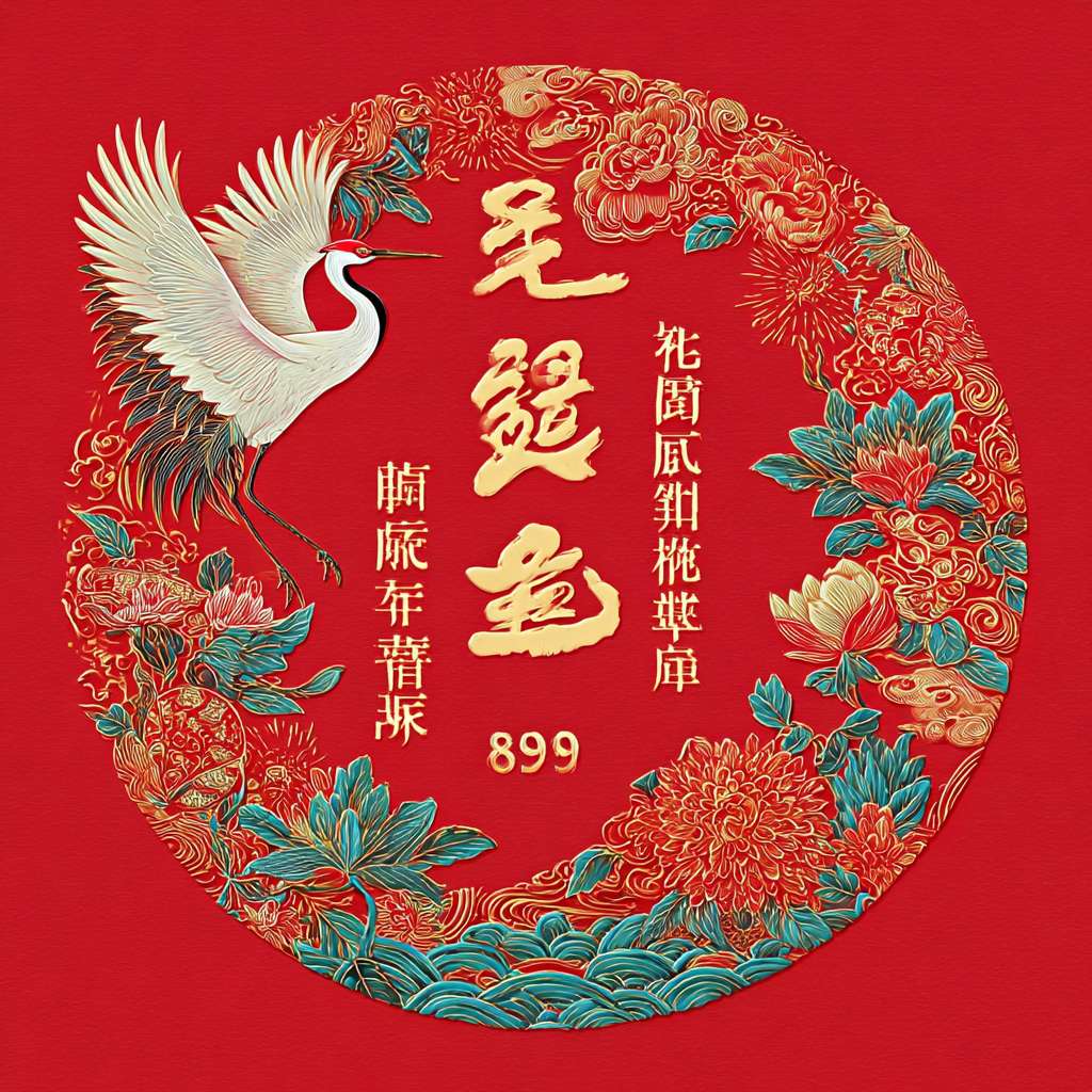 https://img-xpc-mj0.xpccdn.com/prod/upload/6476e087-60b9-455a-8e16-6bbbc3133b51/%E5%9B%BE%E7%89%87%E6%96%87%E5%AD%97%E6%9B%BF%E6%8D%A2%20_1_.png~tplv-5yakomv5zn-auto-v1%3A1024%3A0%3Aq75.jpg 在图中添加祥云，仙鹤等中国传统长寿的元素作为点缀或者贴纸，并且生成彩色的图画。主图圆形不变，红色底色保持不变。 --ar 1:1 --v 7 --stylize 100 --fast --iw 1 --no 水印