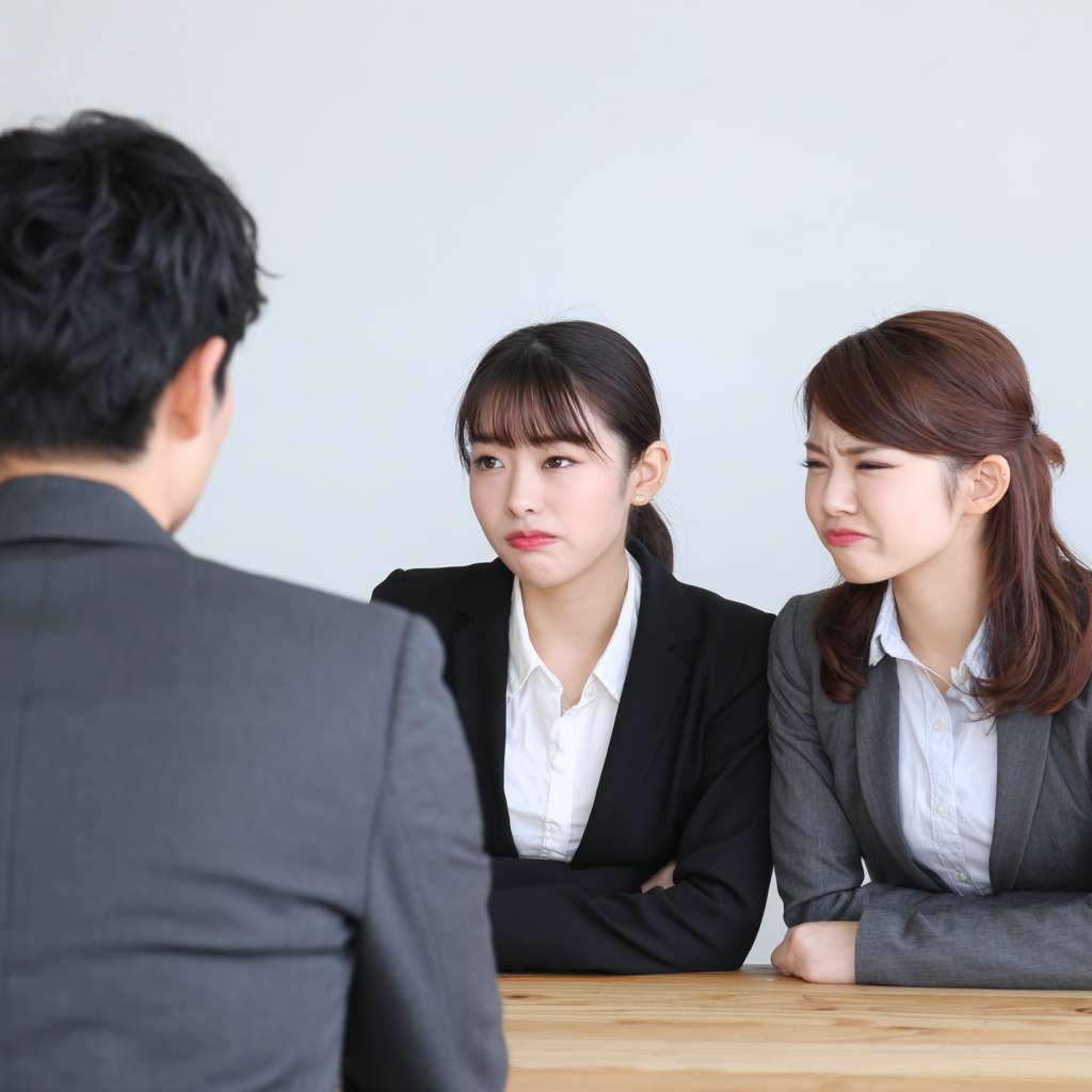咖啡馆里三个时尚的女士并肩而坐，桌对面是一个男性保险代理人，右边的女孩眼神有些嫌弃，左边的女孩在批评她，中间的女孩看着男性保险代理人，表情有些抱歉。镜头从保险代理人右侧后方拍摄，能看到代理人的后背，和三个女生的正面 --ar 1:1 --v 7 --stylize 100 --fast --no 水印