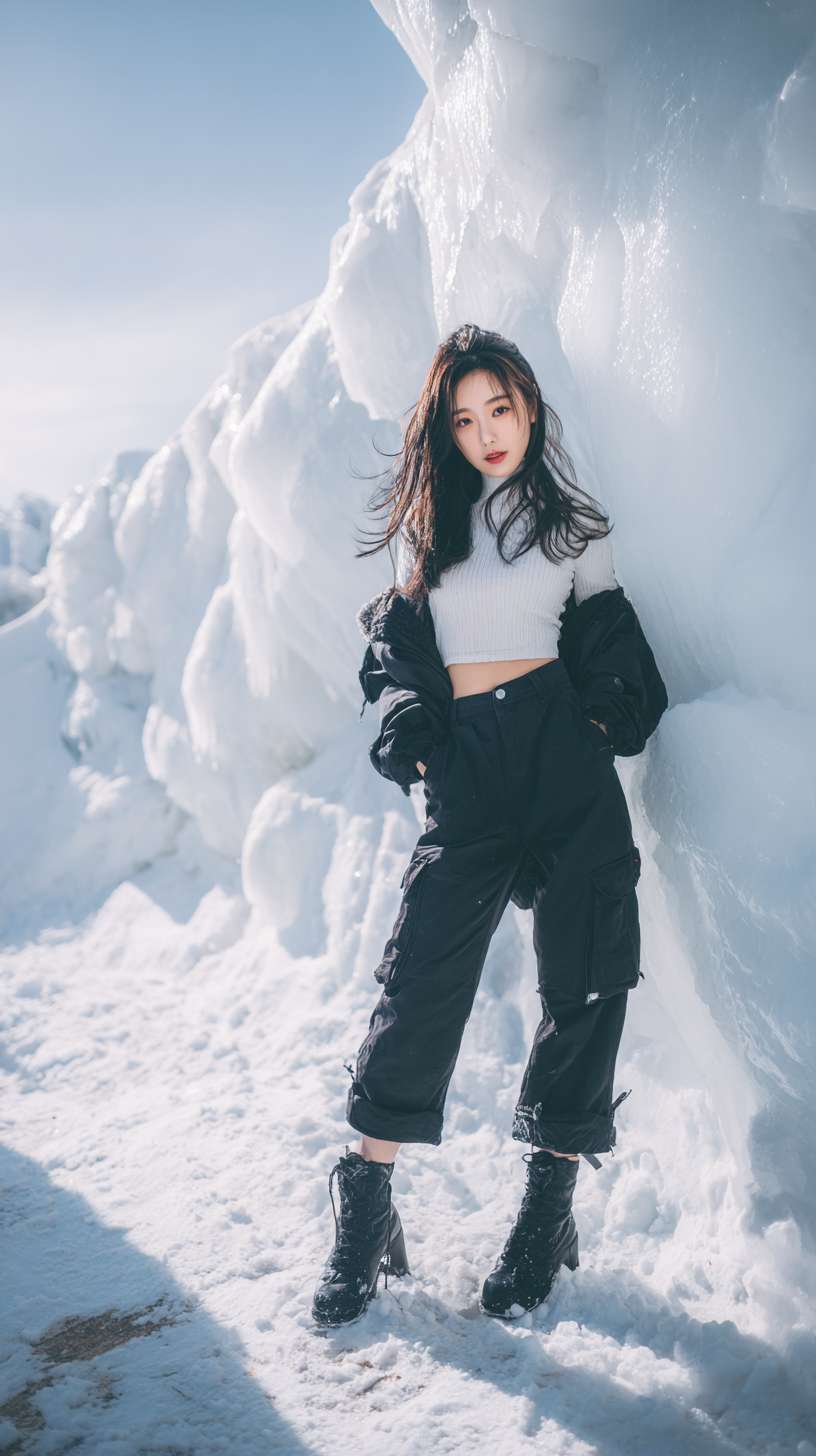 1个女孩，长发，黑发，短牛仔裤，长腿，高跟鞋，冬天，雪，雪地，雪山，光线 --ar 9:16 --v 7 --stylize 100 --fast --no 水印,水印,水印