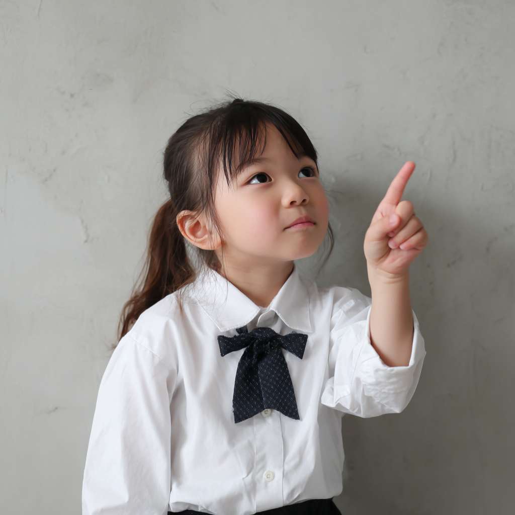 生成一张穿校服孩子，8岁左右，脸朝左，手指朝上方指 --ar 1:1 --v 7 --stylize 100 --fast --no 水印