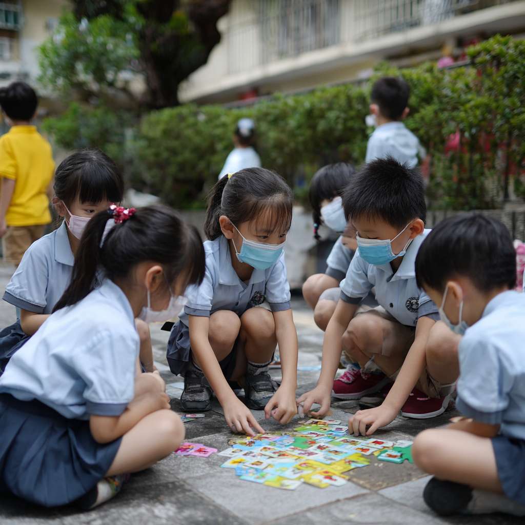 一班小六穿校服的學生們在校園裡圍成一個半圓形，以瀕危動物為主題，學生們一起遊玩瀕危動物圖案的卡牌遊戲 --ar 1:1 --v 7 --stylize 100 --fast --no 水印