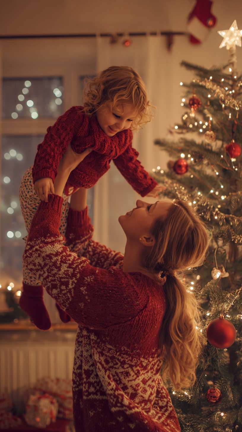 2室内圣诞树顶挂星星，妈妈托举孩子，树身缠绕彩灯，地面有未挂的袜子装饰，镜头从下往上推，温馨写实风妈妈和孩子都金发 --ar 9:16 --v 7 --stylize 100 --fast --no 水印
