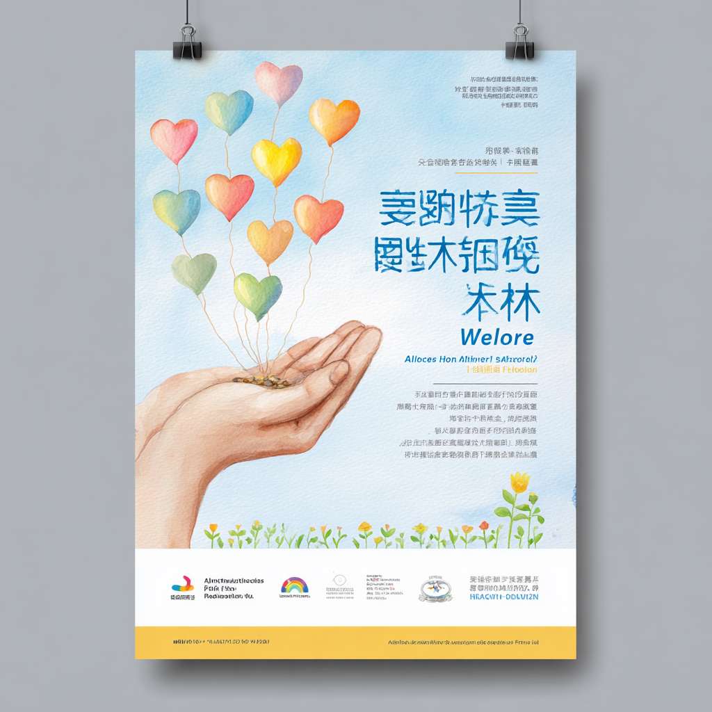 “Chinese welfare lottery poster, A4 vertical, picture-book watercolor style, soft pastel blue #B3E5FC to white gradient background, big gentle hand in center holding 7 small heart-shaped seeds in rainbow colors, seeds flying up and forming a light rainbow arc overhead, 7 sunshine rays in childlike crayon yellow #FFEC3D from top, tiny white text on rays: pension, disability, orphan, poverty, medical, education, eco, bottom green sprout line with 5 simple icons, main title ‘每注善举,都是希望的阳光’ in bold dark blue #1A237E with soft yellow shadow, subtitle below, high-res 300 dpi, bright and hopeful, no money symbols” --ar 1:1 --v 7 --stylize 100 --fast --no 水印