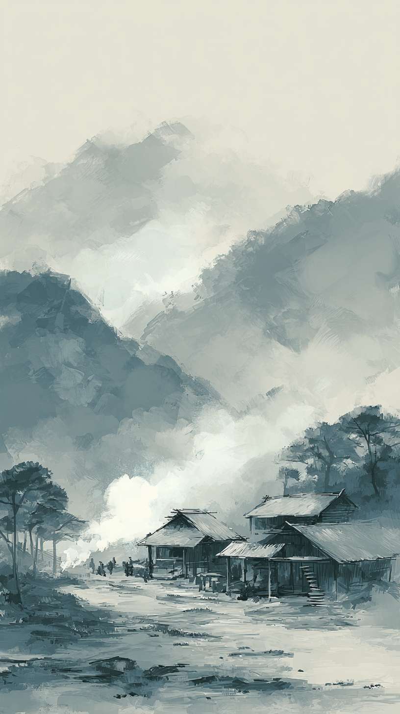 **新手村** (`village.jpg`, 750x1334px)
   - 远山、茅屋、炊烟袅袅的水墨画风格
   - 色调：淡雅、偏灰蓝 --ar 9:16 --v 7 --stylize 100 --fast --no 水印