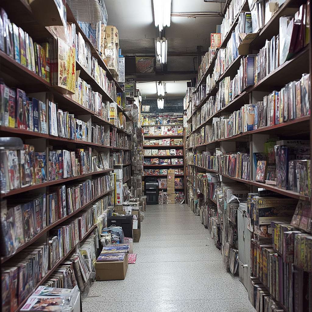 异界印象音像店
非常狭窄的音像店，只有一排半的货架（因为有一半被收银区域挡住了）货架上密密麻麻放满了各种东西。过道宽度只能勉强容纳一人通行。 --ar 1:1 --v 6.1 --stylize 100 --fast