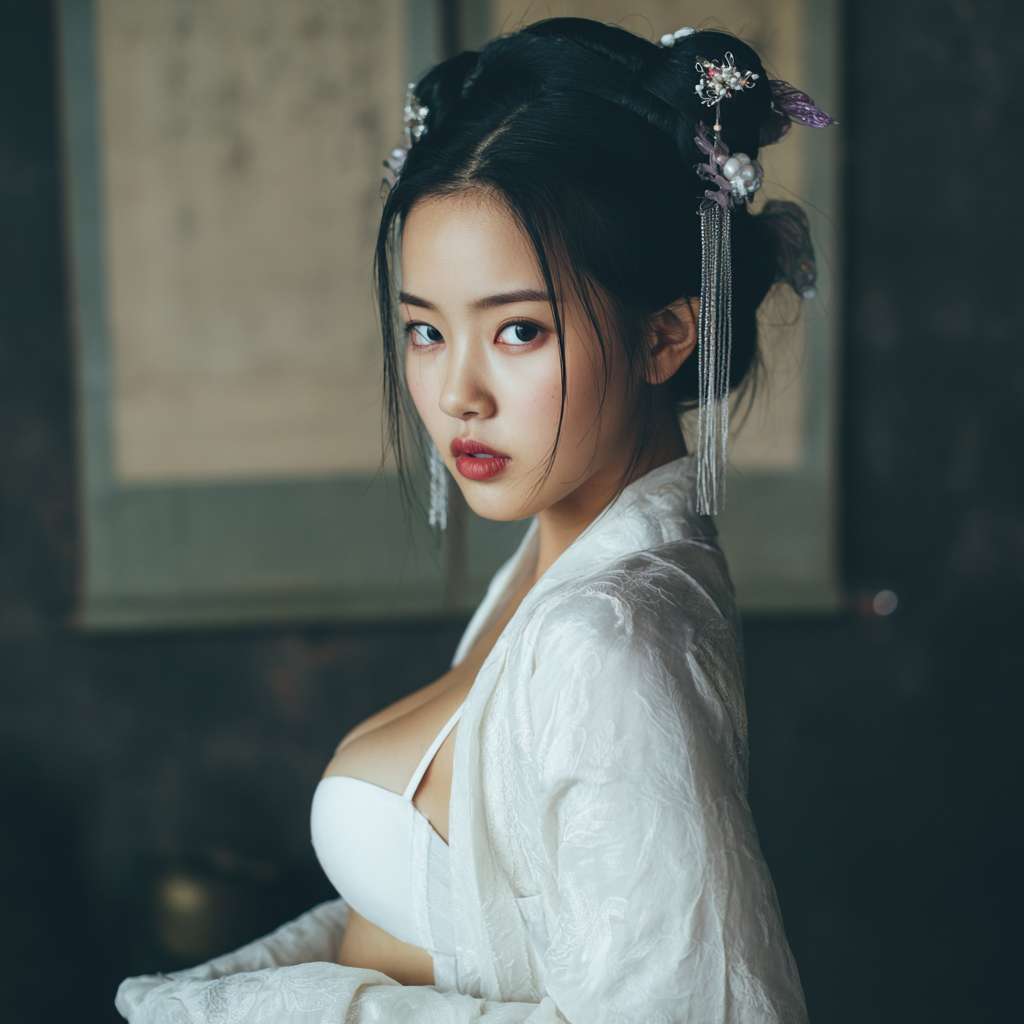 古装发髻，白色比基尼女生 --ar 1:1 --v 7 --stylize 100 --fast --no 水印