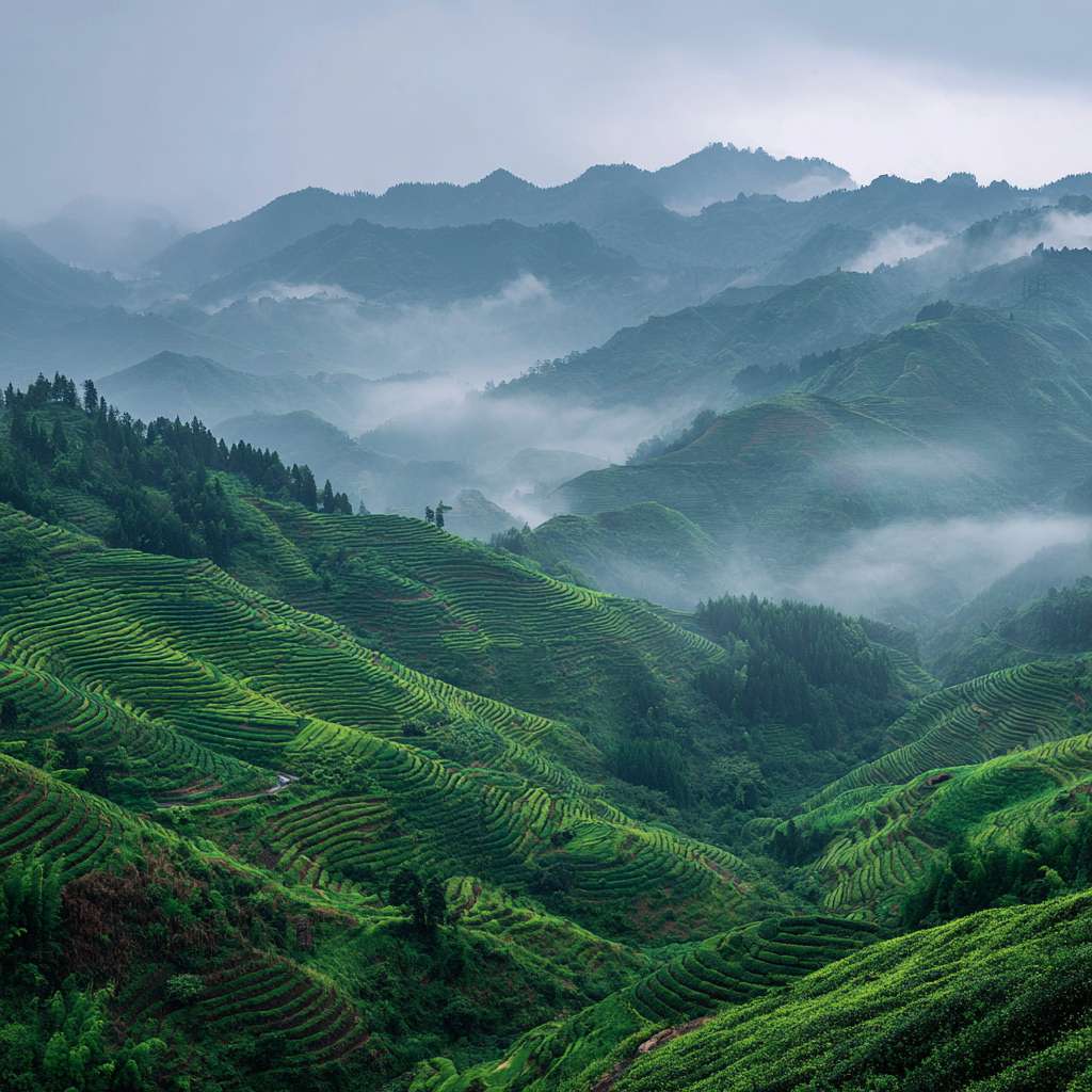 连绵起伏、云雾缭绕的杭州西湖群山，梯田式的翠绿茶园，如碧波荡漾。 --ar 1:1 --v 7 --stylize 100 --fast --no 水印