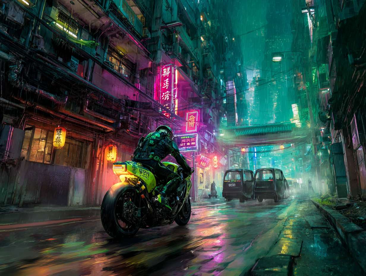 《哪吒重生》赛博朋克风，科幻炫酷的街道，全景，主人公驾驶摩托车在街道行驶在雨夜的城市，霓虹灯光在湿漉漉的街道上折射出扭曲的倒影。李云祥骑着他改装的霓虹摩托在狭窄的巷道中疾驰，身后跟着几辆黑色轿车。建筑风格融合了东方传统寺庙和未来科技元素，街道两旁有许多管道和机械装置。 --ar 4:3 --v 7 --stylize 100 --fast --no 水印