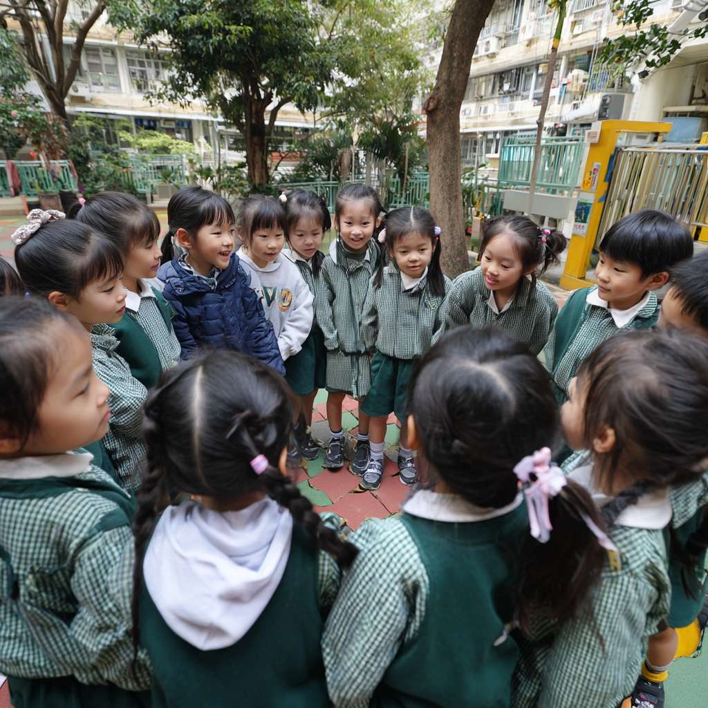 一班小六穿校服的學生們在校園裡圍成一個半圓形，以卡通的風格展示穿山甲、老虎、水獺、熊貓、飛鼠、龜等等的瀕危物種，讓學生們一起將積木併上瀕危動物圖案上 --ar 1:1 --v 7 --stylize 100 --fast --no 水印