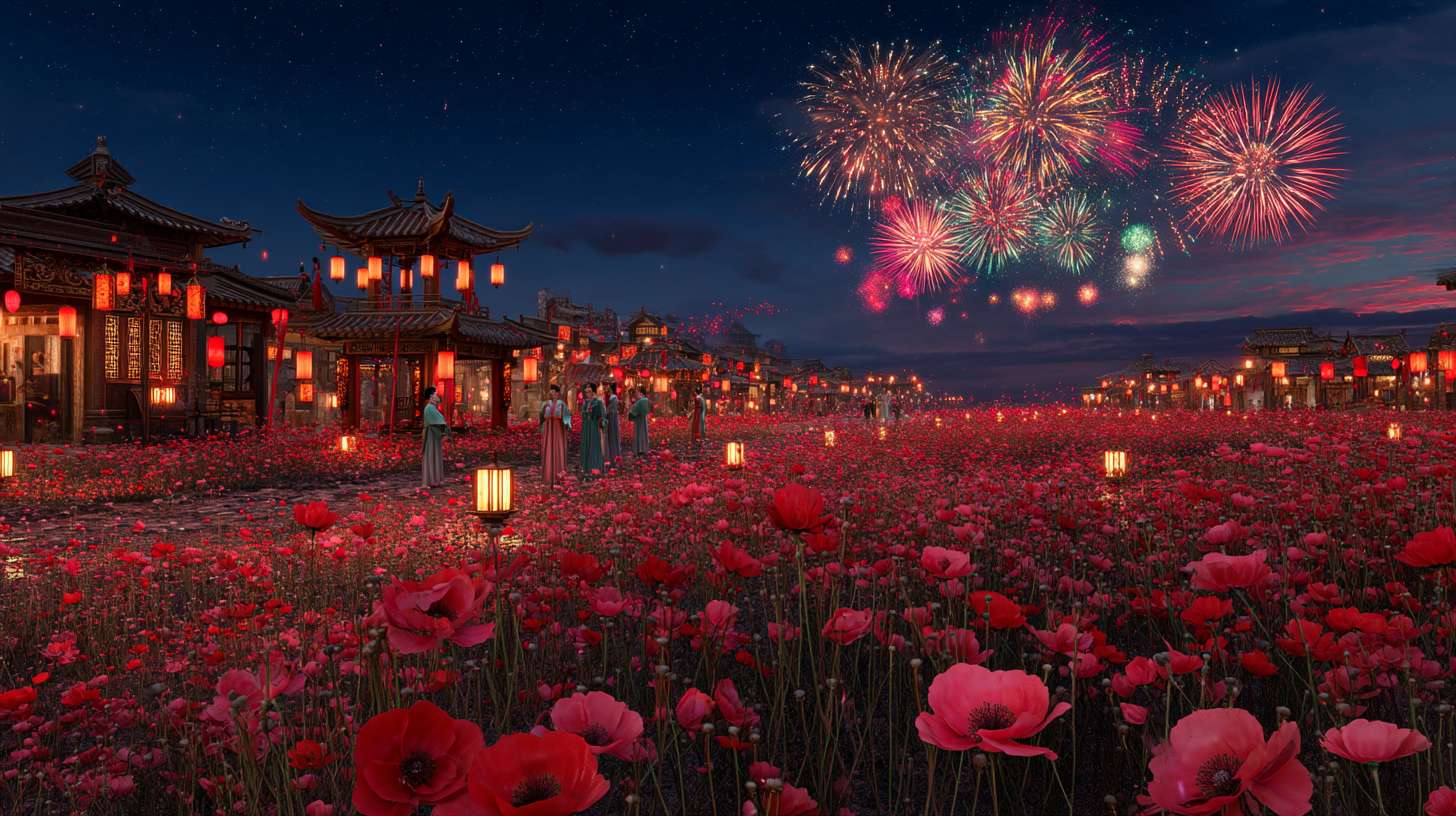 Unreal Engine 5 rendering, in this awe-inspiring scene of the ancient Luoyang Flower Festival, the composition centers on a vast sea of blooming peonies, surrounded by ancient-style pavilions, buildings, and winding corridors adorned with countless red lanterns, while the night sky is continuously lit up by colorful fireworks, the foreground features a celebrating crowd dressed in elegant Hanfu singing and dancing, the middle ground includes traditional Chinese architecture such as eaves-cornered pavilions, and the background blends deep blue starry skies with brilliant fireworks, in terms of color, vibrant reds, golds, and greens dominate, symbolizing luck and wealth, with the pink and white of the flowers sharply contrasting with the warm yellow of the lanterns, and the multicolored lights of the fireworks adding dynamic color variations, the lighting effects are exquisitely detailed, the soft glow from the lanterns casts warm shadows on people's faces and the ground, while the explosive flashes of fireworks create dazzling halos, contrasting with the cool moonlight to enhance the image's depth and dynamism, the entire scene is bustling and lively, with lanterns swaying gloriously, fireworks sparkling brilliantly, and the crowd cheering incessantly, as if transporting the viewer into a dreamlike ancient prosperous era filled with the charm of Chinese elements. --ar 16:9 --v 7 --c 20 --quality 4 --stylize 100 --fast