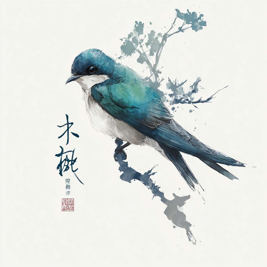 一个优雅的中国雕刻品牌logo，一只蓝绿色的鸟衔着刻刀，线稿，极简，水墨风格，白底 --ar 1:1 --v 7 --stylize 100 --fast --no 水印