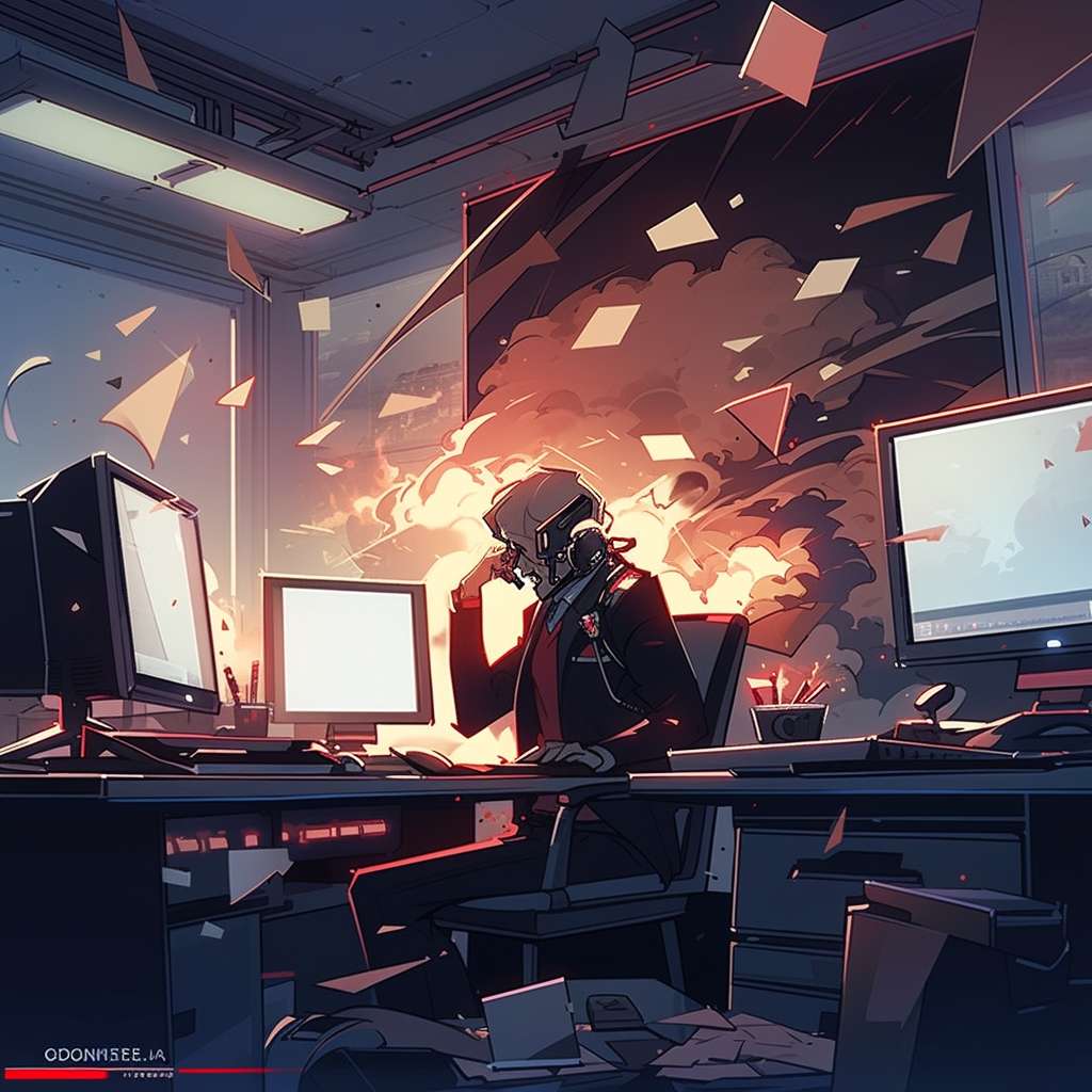 A programmer throwing documents into the air, keyboard smoking, monitor showing "System Crash" message, tie loosened, veins popping on forehead, dark background with red highlights, --ar 1:1 --style scenic --stylize 800 --fast --niji 5