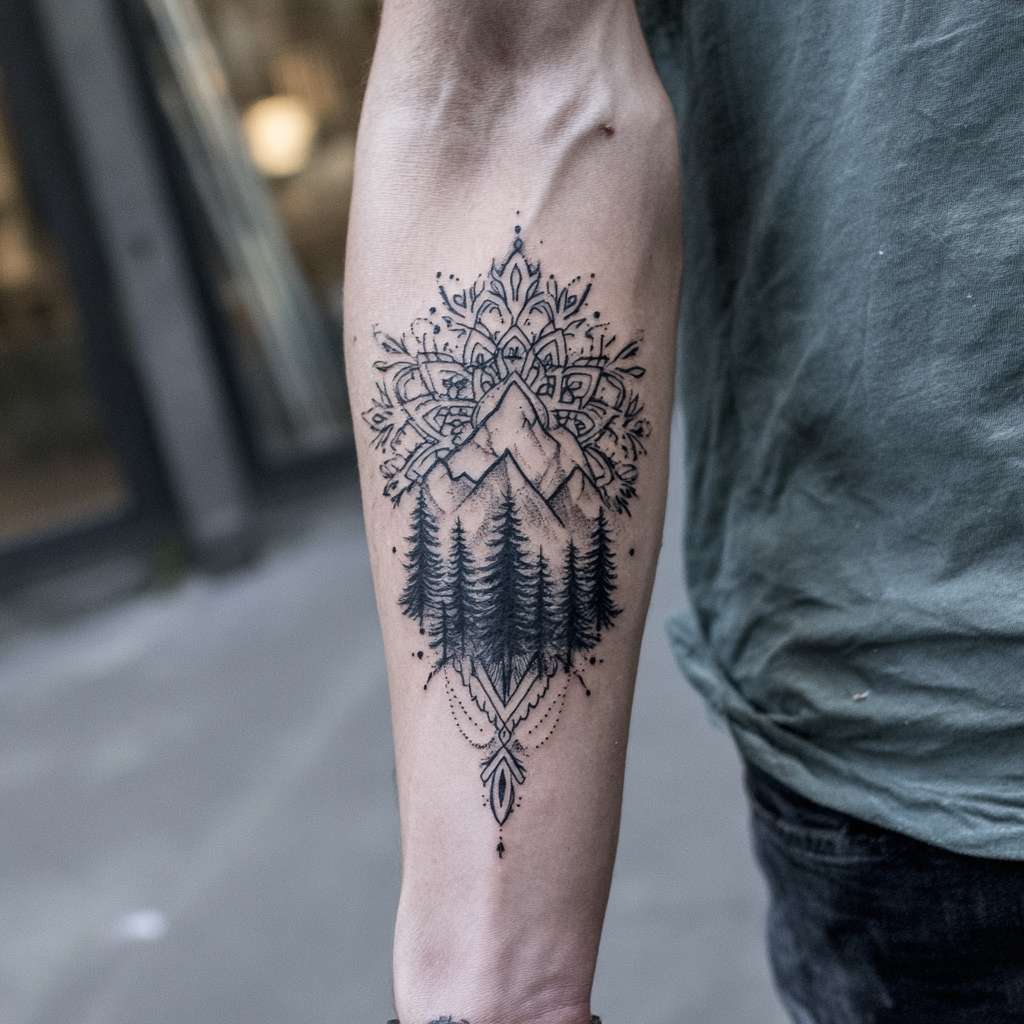 mountain mandala tattoo, calve tattoo, nature-inspired, sacred geometry, dotwork and fine lines, black and grey, symmetrical forest design, spiritual --ar 1:1 --v 7 --stylize 100 --fast