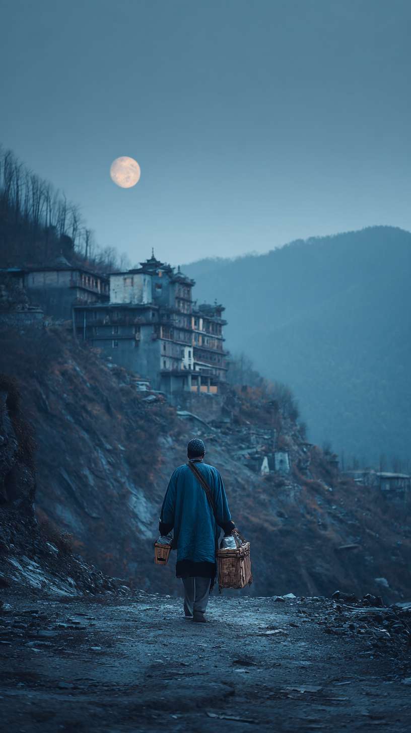 全景，页面比较昏暗，在晚上的深山里面，月光照亮着地面，一个身着靛蓝色书生服男子，背着书箱，外面下着雨比较阴暗，前面有点远的地方是一座破败的寺庙矗立在荒山野岭中，背面远景镜头 --ar 9:16 --v 7 --stylize 100 --fast --no 水印