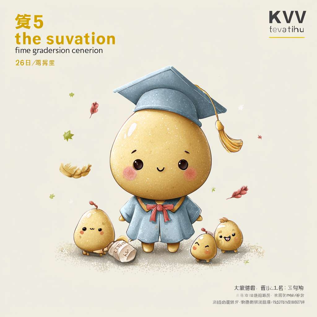 我需要设计一个KV主题，是一个幼儿园毕业典礼的海报，主题是“The fifth season graduation ceremony"。画面的主角是一个金色的种子（豆子）带着毕业帽，金色的种子是卡通形象有眼睛鼻子嘴（儿童卡通）。我需要一个非常完整的画面，要丰富的周围背景。 --ar 1:1 --v 7 --stylize 100 --fast --no 水印