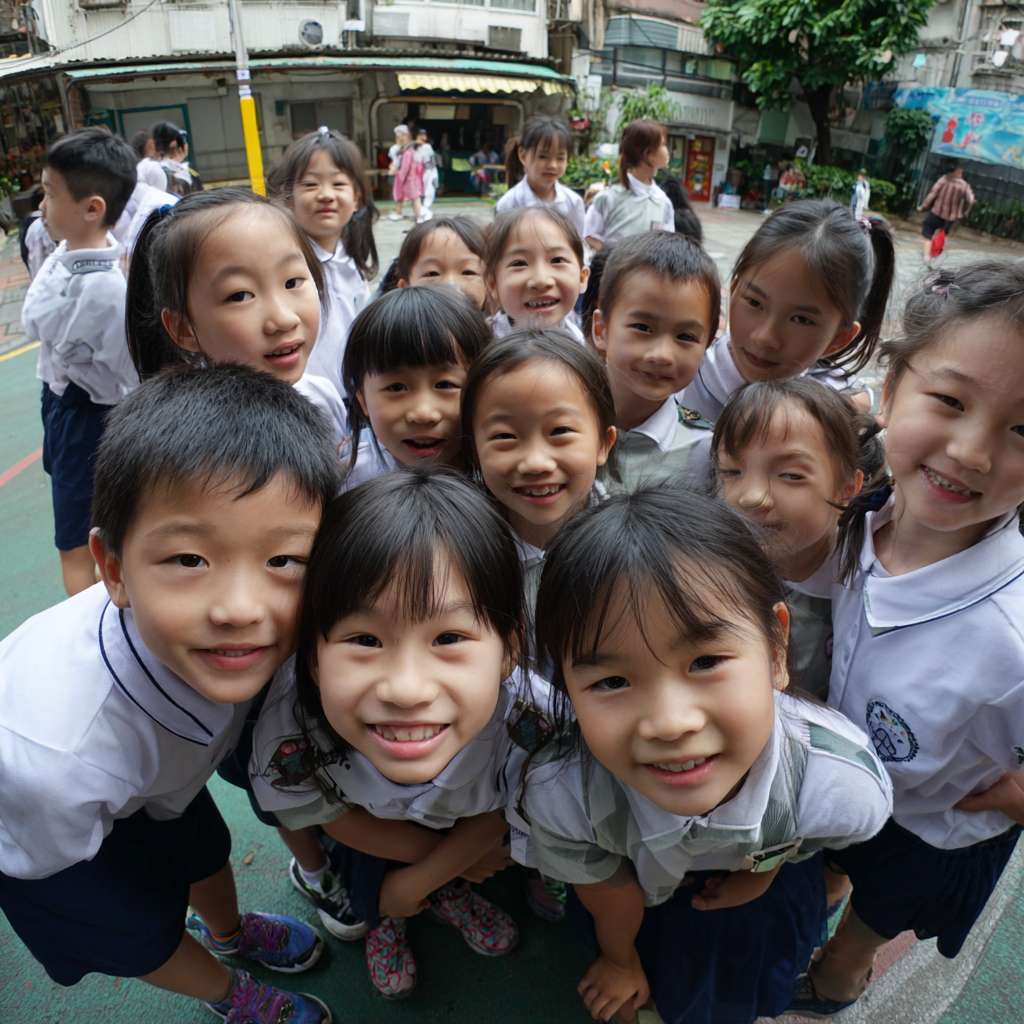 一班小六穿校服的學生們在校園裡圍成一個半圓形，以熊貓為主題，學生們一起將瀕危動物圖案玩集體遊戲 --ar 1:1 --v 7 --stylize 100 --fast --no 水印