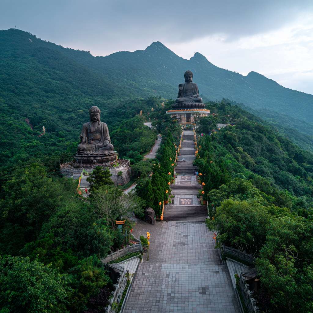 爬山朝拜，周围苍翠的山林，夹道有阵列的禅意雕塑，路边有休憩平台，路面上有佛教咒语标识，每上升一段厦门一层的屋顶隐约在山林中，类似于法门寺的朝拜路上的仪式感， --ar 1:1 --v 7 --stylize 100 --fast --no 水印