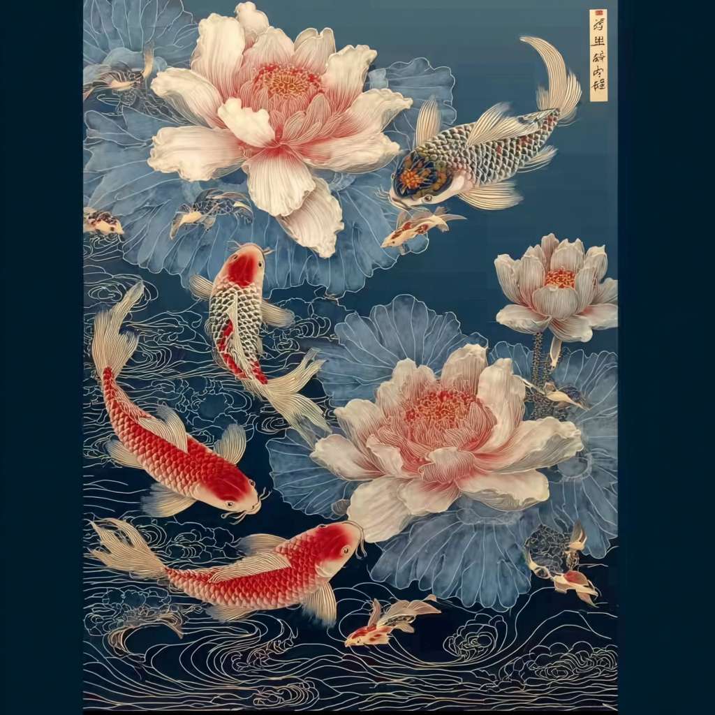 https://img-xpc-mj0.xpccdn.com/prod/upload/2ec6ba20-4841-42f2-9743-a925a916a0bb/29f74409b0260a380905ef4d89166d65.jpg~tplv-5yakomv5zn-auto-v1%3A1024%3A0%3Aq75.jpg https://img-xpc-mj0.xpccdn.com/prod/upload/2f299728-a310-442e-9c48-c01ab29f33e8/8761bd82f82ff3d7599fa42ed70f00ad.jpg~tplv-5yakomv5zn-auto-v1%3A1024%3A0%3Aq75.jpg https://img-xpc-mj0.xpccdn.com/prod/upload/44037e58-6553-42c5-a97c-717cc2480cc9/a89655abc185ab86825bc38c34e0b139.jpg~tplv-5yakomv5zn-auto-v1%3A1024%3A0%3Aq75.jpg 根据以上元素，生成一幅新的九鱼荷花图，背景采用深蓝色，尽量加一些波澜传统风格雕纹，要求传统风格 --ar 1:1 --v 7 --stylize 100 --fast --iw 1 --no 水印