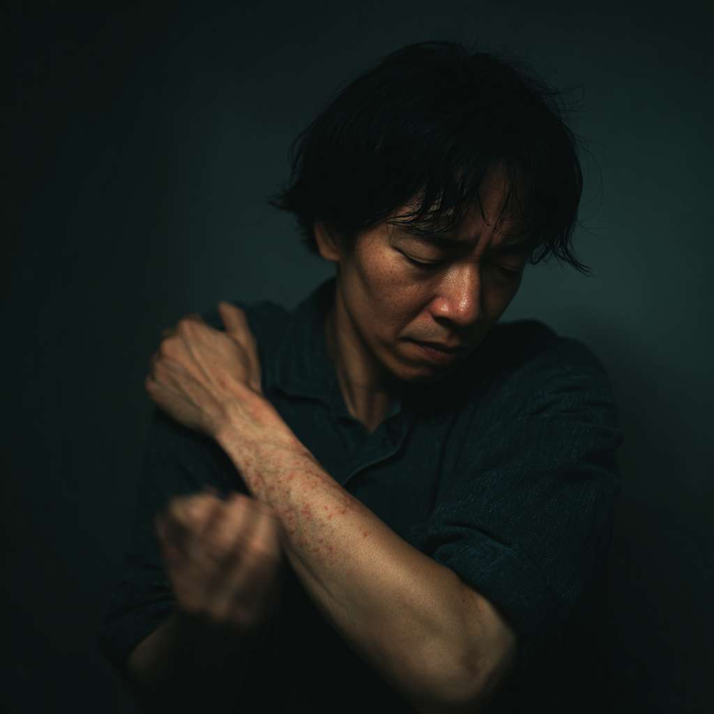 A picture of an Asian person  slapping their cubital fossa --ar 1:1 --v 7 --stylize 100 --fast