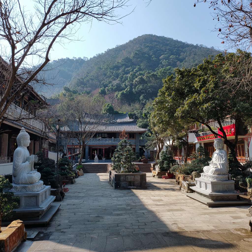 爬山朝拜图，周围苍翠的山林，庙宇屋顶隐约其中，夹道有禅意雕塑，路面上有佛教咒语标识，庙宇隐约其中，厦门古厝屋顶露出一点点，增加朝拜上山路上的仪式感 --ar 1:1 --v 7 --stylize 100 --fast --no 水印