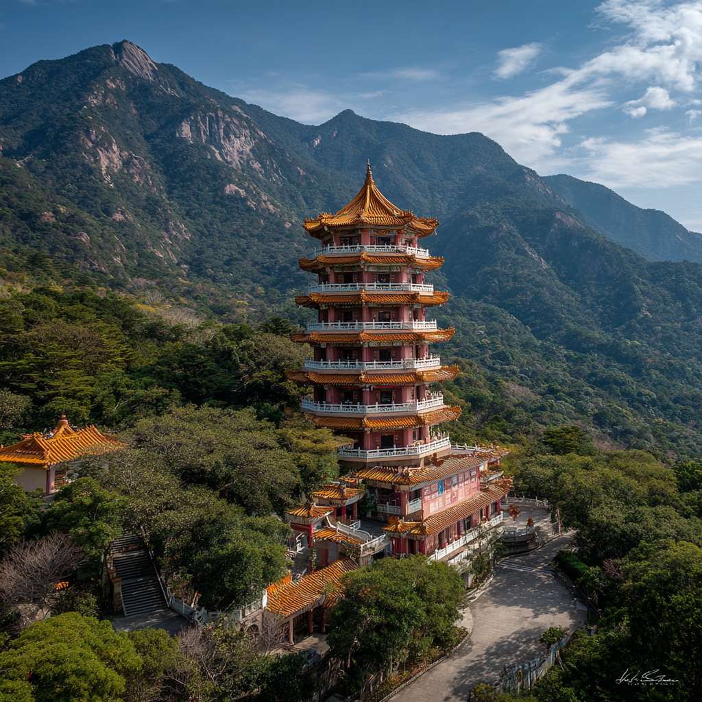 爬山朝拜，周围苍翠的山林，夹道有阵列的禅意雕塑，路边有休憩平台，路面上有佛教咒语标识，每上升一段厦门一层的屋顶隐约在山林中，类似于法门寺的朝拜路上的仪式感， --ar 1:1 --v 7 --stylize 100 --fast --no 水印