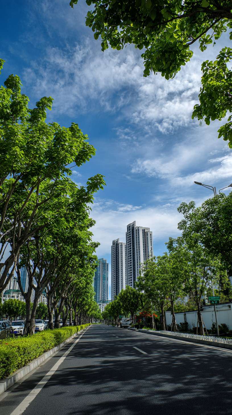 充满生机的城市绿化景观：郁郁葱葱的行道树、小区内的绿荫 --ar 9:16 --v 7 --stylize 100 --fast --no 水印