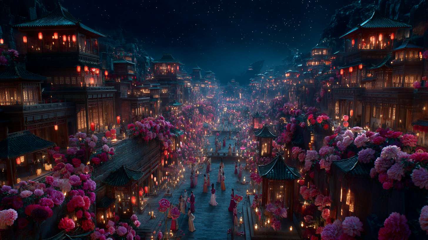 Unreal Engine 5 rendering, in this awe-inspiring scene of the ancient Luoyang Flower Festival, the composition centers on a vast sea of blooming peonies, surrounded by ancient-style pavilions, buildings, and winding corridors adorned with countless red lanterns, while the night sky is continuously lit up by colorful fireworks, the foreground features a celebrating crowd dressed in elegant Hanfu singing and dancing, the middle ground includes traditional Chinese architecture such as eaves-cornered pavilions, and the background blends deep blue starry skies with brilliant fireworks, in terms of color, vibrant reds, golds, and greens dominate, symbolizing luck and wealth, with the pink and white of the flowers sharply contrasting with the warm yellow of the lanterns, and the multicolored lights of the fireworks adding dynamic color variations, the lighting effects are exquisitely detailed, the soft glow from the lanterns casts warm shadows on people's faces and the ground, while the explosive flashes of fireworks create dazzling halos, contrasting with the cool moonlight to enhance the image's depth and dynamism, the entire scene is bustling and lively, with lanterns swaying gloriously, fireworks sparkling brilliantly, and the crowd cheering incessantly, as if transporting the viewer into a dreamlike ancient prosperous era filled with the charm of Chinese elements. --ar 16:9 --v 7 --c 20 --quality 4 --stylize 100 --fast
