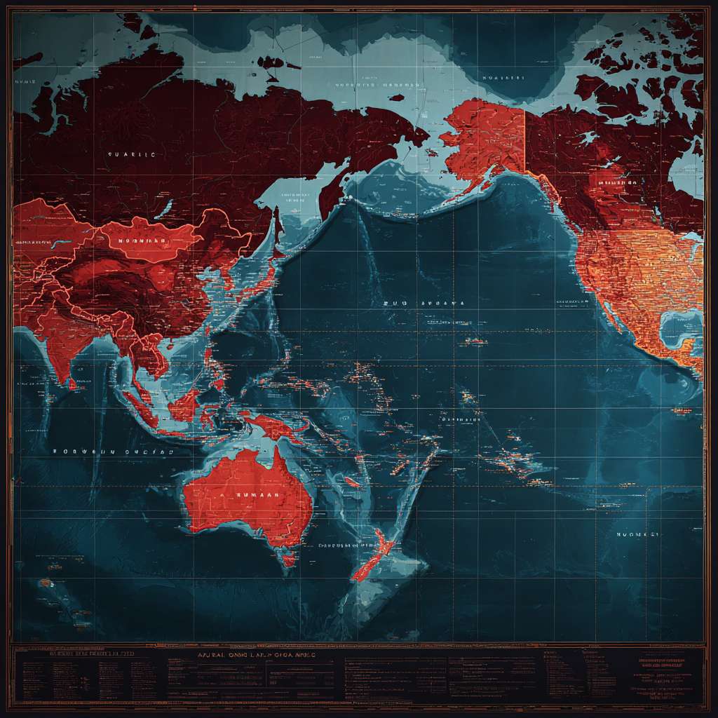 一幅专业地缘政治地图，维多利亚时期地图集风格，1948年。新明帝国领土用深红色标出：包括马来半岛、苏门答腊、爪哇、婆罗洲、苏拉威西及整个印度尼西亚群岛、澳大利亚、新西兰。其托管领土用浅红色标出：包括巴布亚新几内亚、所罗门群岛、瓦努阿图、斐济、萨摩亚。马六甲海峡和巽他海峡被突出显示。边界清晰，与蓝色海洋形成鲜明对比。 --ar 1:1 --v 7 --stylize 100 --fast --no 水印