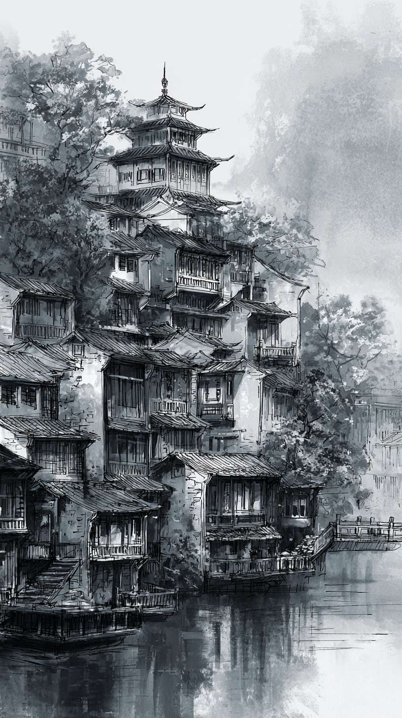 给我一张客栈，黑白水墨风，游戏背景，不需要文字 --ar 9:16 --v 7 --stylize 100 --fast --no 水印