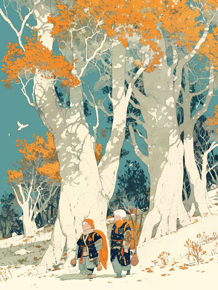 Mobius strip composition, in the yellow-green autumn day, a group of children carrying backpacks walking in the forest for an autumn outing, surrounded by huge white linear trees, the trees are complex linear color lines, there are flying birds in the sky, the illustration is drawn in a flat style of color lines, with yellow-green as the main color, in the style of Van Gogh's paintings, 64K --ar 3:4 --stylize 1000 --fast --niji 6